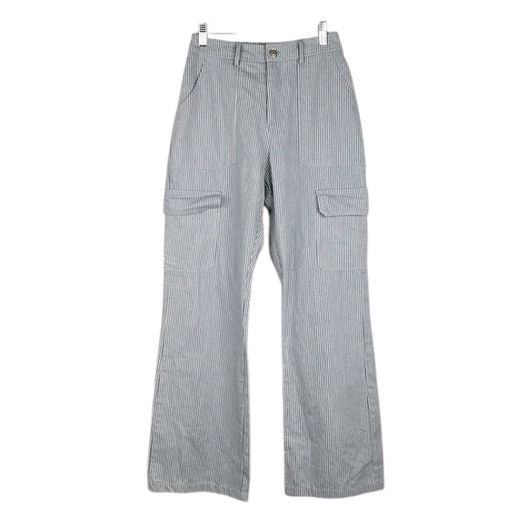Klenis Seersucker Blue & White Striped Coastal Cargo Wide Leg Pants Size Small - Picture 1 of 7